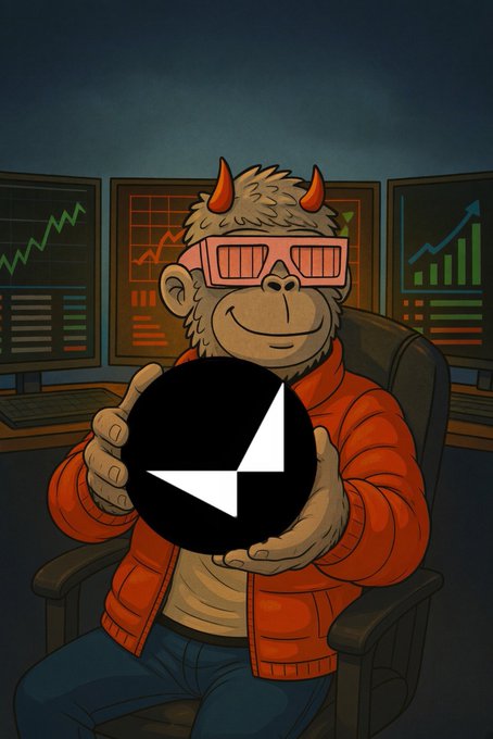 A digital cartoon depicts the horned monkey in pink sunglasses and an orange jacket sitting before stock market monitors, proudly holding a black circle with a white Ethereum-style logo.
