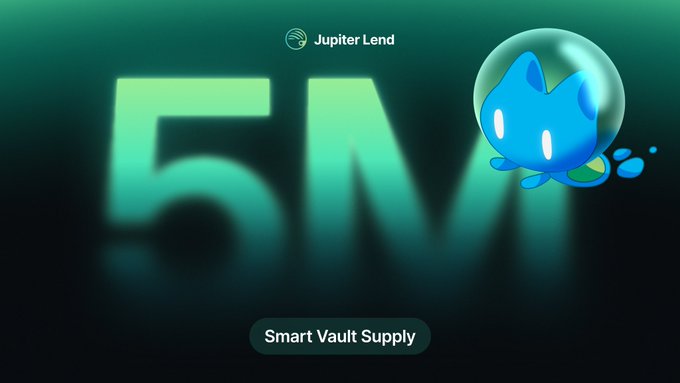 The image showcases Jupiter Lend's milestone achievement, featuring large "5M" text alongside the platform's blue cat mascot logo, with a "Smart Vault Supply" label at the bottom, celebrating the $5M total supply milestone in Smart Vaults since launch.