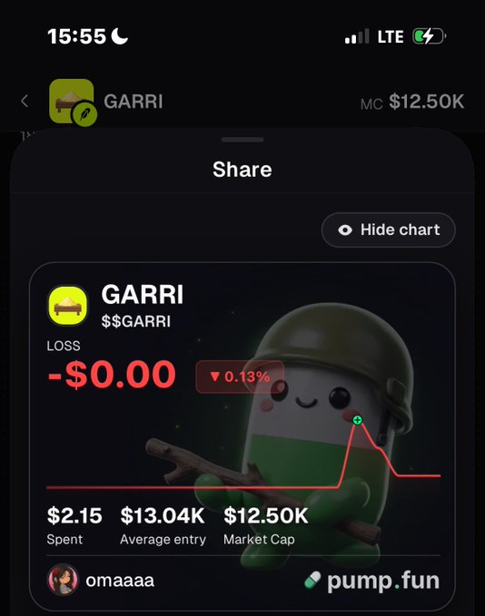 A screenshot of a pump.fun share card for the $GARRI token, showing a -$0.00 loss with $2.15 spent, a $13.04K average entry, and a $12.50K market cap, alongside a military-themed cartoon character. The image humorously illustrates the poster's fresh entry into the token after taking @degenBRO__'s recommendation to buy $GARRI.