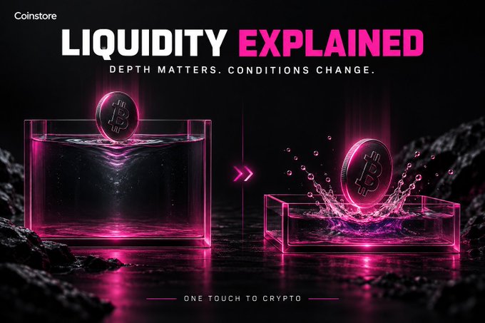 A Coinstore promotional graphic titled "LIQUIDITY EXPLAINED — Depth Matters. Conditions Change." shows a Bitcoin coin resting calmly in a deep pool of liquid on the left, transforming into a splashing coin in a shallow container on the right, visually illustrating how deeper liquidity absorbs trades while thin liquidity causes price disruption. The "One Touch to Crypto" tagline appears at the bottom.