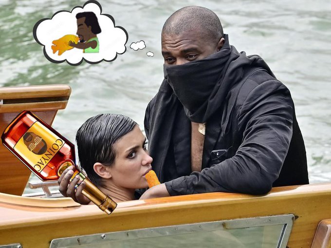 An edited meme-style image showing a man with a covered face and a woman on a boat, with a thought bubble depicting a person eating cheese and a bottle labeled 'COINXD' edited into the scene.