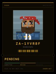 A pixel-art NFT-style ID card shows a character with a red bandana and beard, labeled 'ZA-1YVR8F' with 'Dendzinode' and 'PENDING' status on a black background.