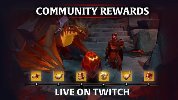 A dark fantasy game scene advertises “COMMUNITY REWARDS” and “LIVE ON TWITCH,” showing a dragon, a character beside a glowing chest, and six numbered reward icons.