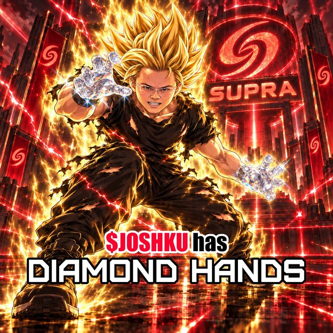 An anime-style graphic depicts a spiky blonde-haired character surrounded by fiery energy with diamond-encrusted hands, with text reading "SJOSHKU has DIAMOND HANDS" and a "SUPRA" logo in the background.