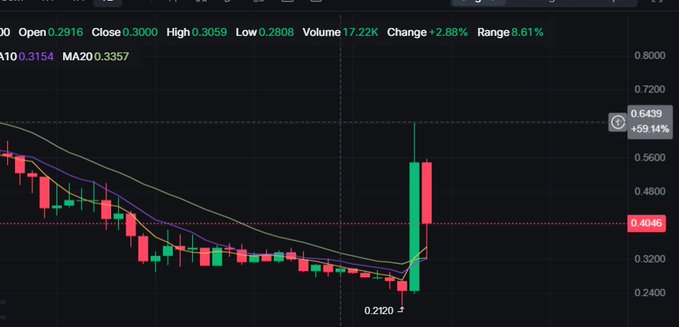 A candlestick chart shows $RAVE's dramatic price action, with a high of $0.6439 (+59.14%) following a low of $0.2120, visually confirming the post's narrative of a massive crash from $28 down to $0.2 followed by an unexpected triple-digit rebound from the bottom.
