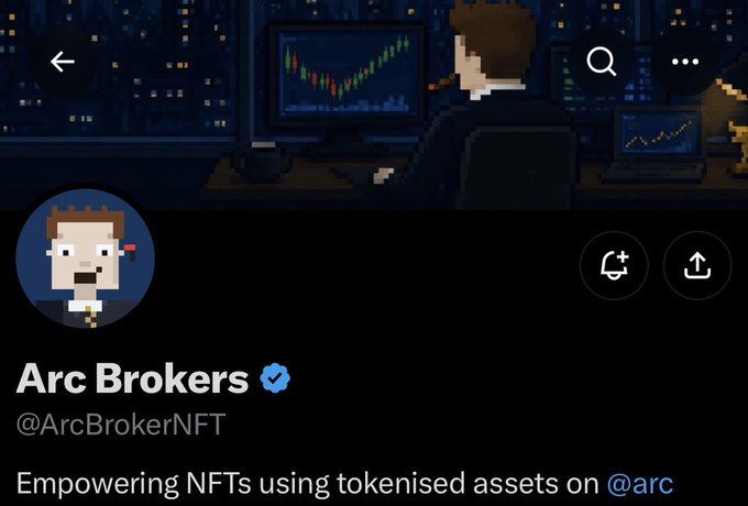 A Twitter/X profile page for 'Arc Brokers' (@@ArcBrokerNFT), an NFT avatar of a pixelated trader with the tagline 'Empowering NFTs using tokenised assets on @arc'.