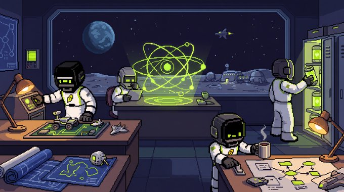 A pixel-art style illustration of astronauts working in a moon base laboratory, with a view of Earth, the moon's surface, and an atom hologram visible through the window.