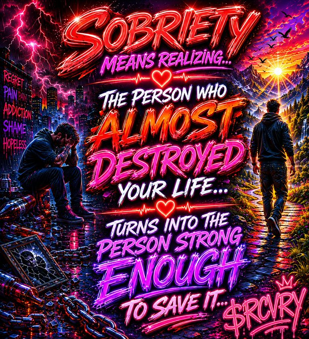 "Good Night CT" is a phrase written below an image of two people walking down a street at night, with one person sitting on a chair and the other standing next to them. The text above the image reads "Sobriety means realizing...The person who almost destroyed your life..."