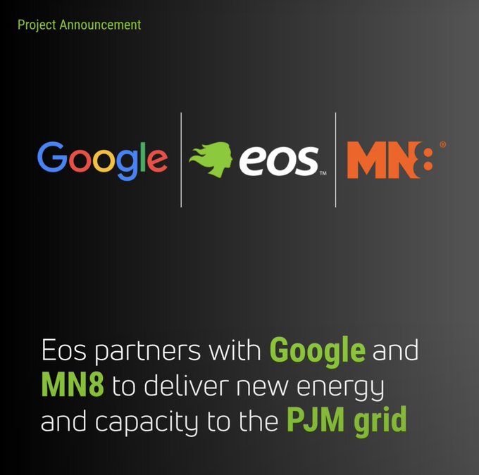 The image is a project announcement graphic featuring the Google, Eos, and MN8 logos displayed side-by-side at the top, with the headline text "Eos partners with Google and MN8 to deliver new energy and capacity to the PJM grid" below. The graphic visually reinforces the post's claim of a significant partnership win for $EOSE with Google, highlighting the company's growing high-profile collaborations alongside its selection for the Golden Dome project.