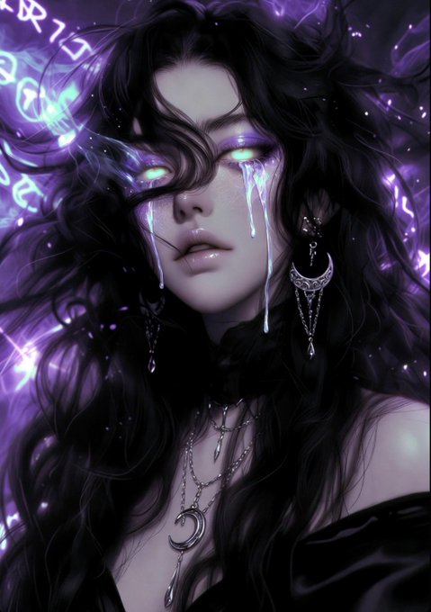 A dark-haired woman with glowing green eyes weeps luminous tears amidst swirling purple arcane runes, including visible text "R 1" near the top left, embodying the "Soul Lit by Midnight" NFT piece on @objktcom.
