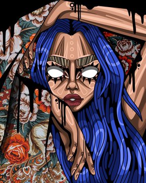 Stylized illustration of a woman with long blue hair, wide expressive eyes, and tears, holding her face with one hand, set against a floral patterned background in an anime art style.