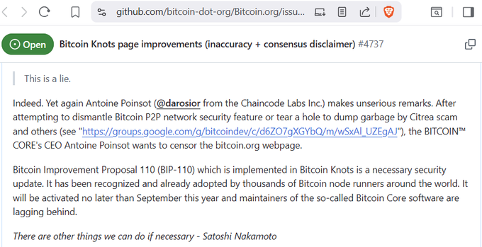 "BIP-110 which is implemented in Bitcoin Knots is a necessary security update. It'S been recognized and adopted by thousands of Bitcoin node runners around the world. It will be activated no later than Sept. and maintainers of the so-called Bitcoin Core software are lagging behind". Focus on what is in the image, how it relates to the post, and where else you can find this information."