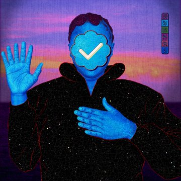 A digital artwork depicts a figure in a starry black hoodie with a blue face obscured by a cloud icon containing a checkmark, holding up one hand.