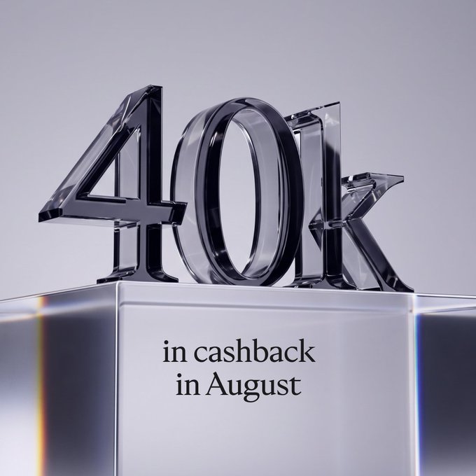 A 3D rendered image of transparent acrylic letters spelling '40K' resting on a pedestal, with text below reading 'in cashback in August'.