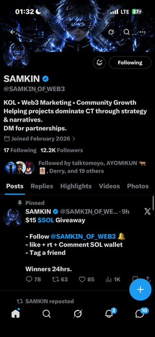 A screenshot of the Twitter/X profile for @SAMKIN_OF_WEB3, a Web3 marketing KOL with 12.2K followers, featuring a pinned $15 $SOL giveaway post.