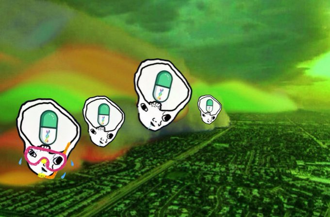 Four pill-shaped cartoon characters wearing helmets float over a surreal green-and-orange landscape, with one crying and wearing a pink mask, visually illustrating the "$PMV" reference in the caption "those are facts $PMV."