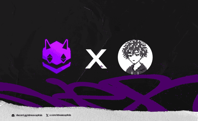 The image shows a graphic design of two cartoon faces and an arrow pointing at them, set against a black background with purple lines. The caption below the image reads "STRESS CAPITAL X @KawaiiOdysseyyy We are giving away 2 GTD & 4 WL Spots for Kawaii Odyssey To enter : 1. Follow @KawaiiOdysseyyy & #3 Comment EVM Address & tag 2 friends". The main content of the post appears to be promotional or advertising material related to a product offering, as evidenced by the presence of the "X" symbol and the terms "stress capital x" being mentioned.
