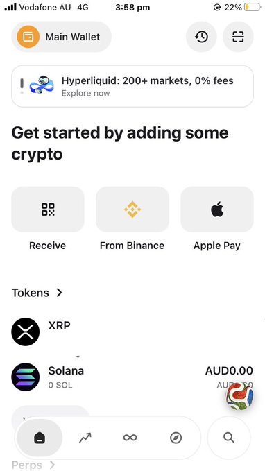 A crypto wallet app screen displaying options to 'Receive', 'From Binance', and 'Apple Pay', with token balances for XRP and Solana.