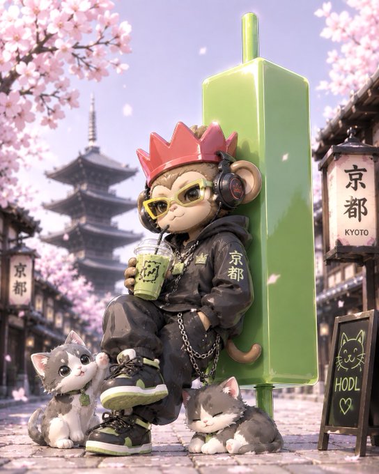 A 3D-rendered scene of a cartoon monkey wearing a red crown, sunglasses, and black streetwear sitting in Kyoto, Japan, drinking a green beverage, with cats nearby and cherry blossoms and a pagoda in the background, plus signs reading '京都 KYOTO' and 'HODL'.
