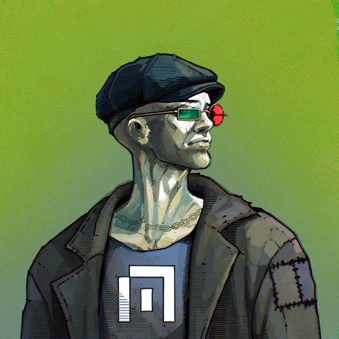 A pale, stylized figure wearing a newsboy cap, red-lensed sunglasses, a chain necklace, and a t-shirt bearing a geometric logo stands against a green background, evoking the "Outlaws" theme referenced in the post. The accompanying message announces this individual as the fifth honorary recipient of a Robinhood NFT (opensea.io/item/robinhood), welcoming them to "the forest" for supporting the vision.