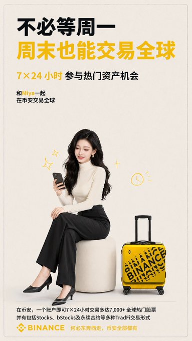 A Binance advertisement in Chinese featuring a woman sitting next to a yellow suitcase, with text promoting 7x24 trading including '不必等周一 周末也能交易全球' and '7X24小时 参与热门资产机会'.