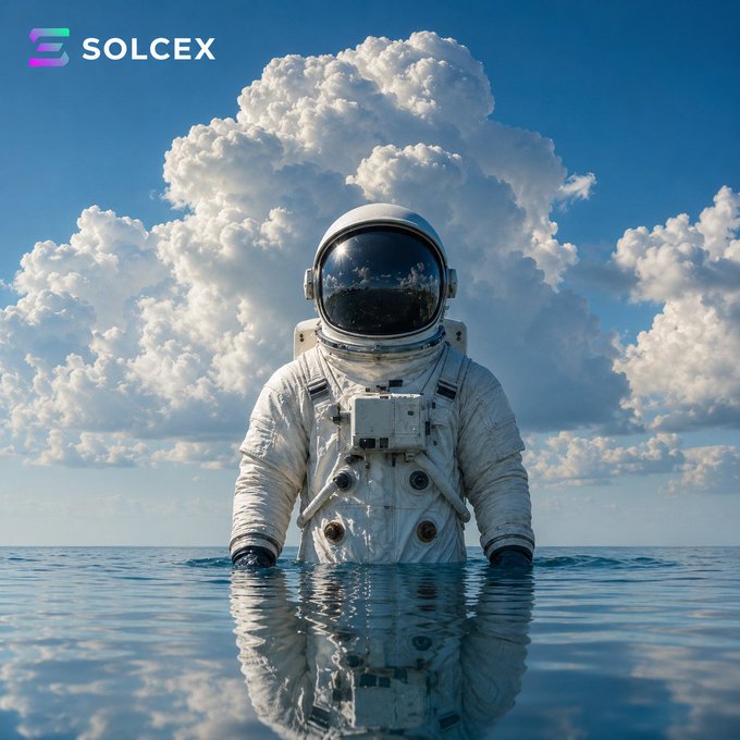 A promotional image featuring an astronaut standing in water with clouds behind them, branded with the 'SOLCEX' logo in the top left corner.
