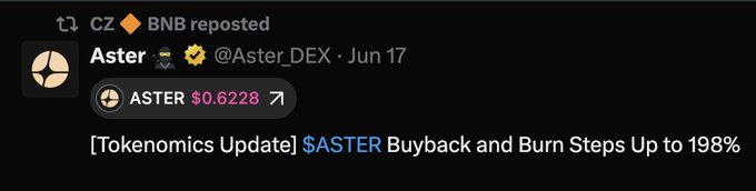 The image shows a post about Aster being listed as $ASTER by a hashtag (#ASTER). The caption is "Why is CZ still so hell bent on pushing #ASTER despite seeing that #HYPE clears it by a mile? i saw this same energy too with #BNB when it barely got any attention and Binance had to compete with Kraken, Bittrex, Coinbase". The image has a grainy quality to it.