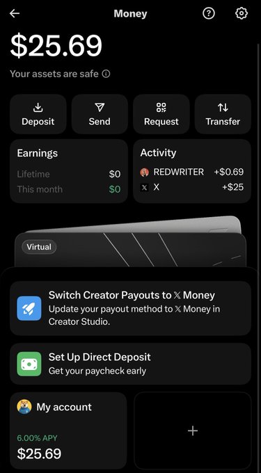 A mobile money app screen shows a balance of $25.69 with options to Deposit, Send, Request, and Transfer, along with activity entries for "REDWRITER +$0.69" and "X X +$25".