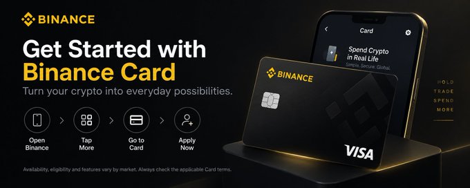 A Binance promotional banner advertises getting started with the Binance Card, featuring a sleek black Visa card and mobile app interface with the text "Get Started with Binance Card — Turn your crypto into everyday possibilities," alongside four-step icons showing how to Open Binance, Tap More, Go to Card, and Apply Now. The image visually supports the post's explanation of how the Binance Card lets users convert crypto into usable funds for everyday purchases.
