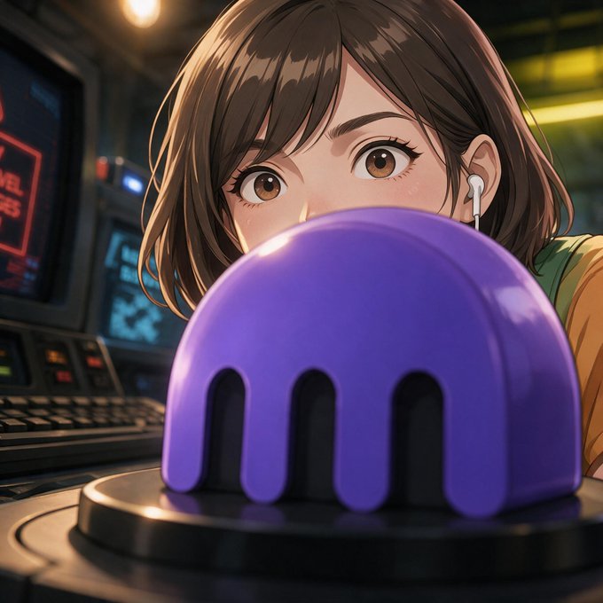 An anime-style illustration of a brown-haired girl with an earbud, peering over a large purple slime or dome-shaped object in a dimly lit, tech-themed room.