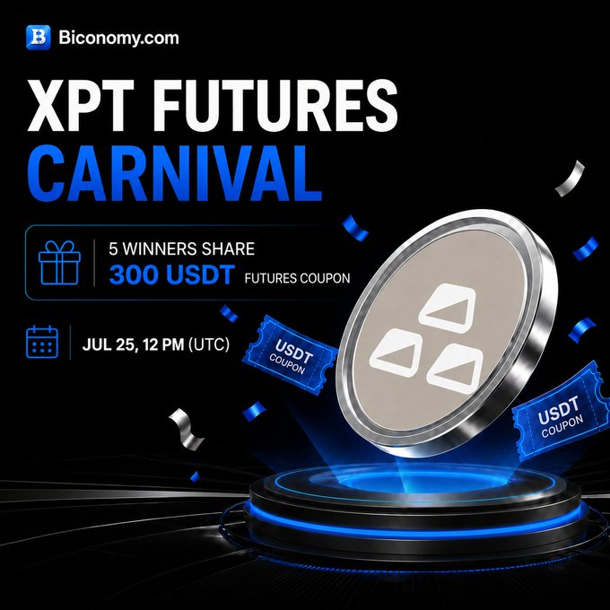 A promotional graphic for Biconomy.com's 'XPT FUTURES CARNIVAL' event on July 25, 12 PM (UTC), offering 5 winners a share of 300 USDT futures coupon, featuring a silver coin with a triangular logo.