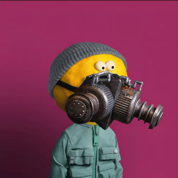 A minion character wearing a grey beanie and teal jacket is shown in profile against a magenta background, with a large, detailed mechanical turbine engine replacing the lower half of its face.