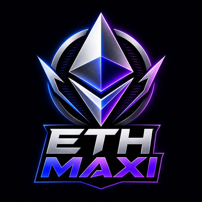 A neon-styled logo featuring the Ethereum diamond symbol in silver and purple/pink colors with the text "ETH MAXI" displayed prominently on a black background.