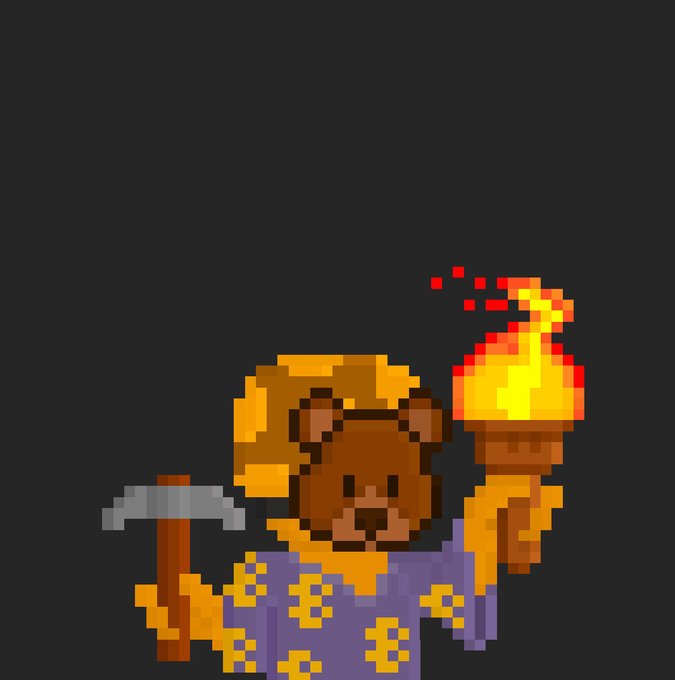 A pixel art illustration of a character with a bear head wearing a hat and a purple robe with yellow dollar signs, holding a torch and a pickaxe.