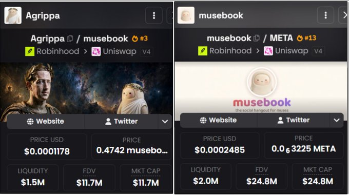 The image shows two cryptocurrency trading pair listings: the "Agrippa / musebook" pair (#3) on Robinhood via Uniswap V4, trading at $0.0001178 with a $11.7M market cap, and the "musebook / META" pair (#13) also on Robinhood via Uniswap V4, trading at $0.0002485 with a $24.8M market cap. These metrics illustrate the post's claim about an emerging rally where primary tokens and their beta plays are simultaneously reaching tens of millions in market capitalization, supporting the narrative of "the most hated rally" gaining momentum across related assets.