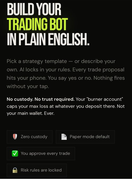 The image is a promotional graphic for **zambo.dev/trading**, featuring the bold headline "BUILD YOUR TRADING BOT IN PLAIN ENGLISH." It explains how users can pick a strategy template or describe their own, with AI locking in their rules and sending every trade proposal to their phone for approval. Key feature callouts emphasize "Zero custody," "Paper mode default," "You approve every trade," and "Risk rules are locked," aligning with the post's message about turning tools like Claude or Cursor into trading agents instantly.