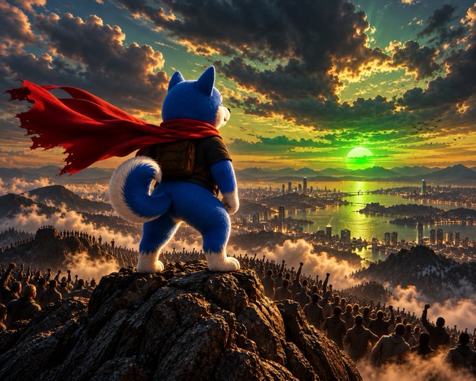 A blue fox-like superhero wearing a red cape stands atop a rocky peak, gazing out at a sprawling city bathed in an emerald green sunset, symbolizing the journey toward the "green" goal mentioned in the post. Crowds gather below in the mist, echoing the themes of collective perseverance and forward movement "step by step" toward their shared destination.