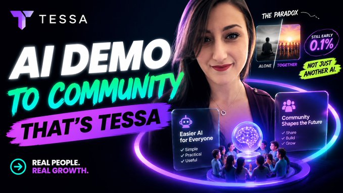 Promotional graphic for TESSA featuring a woman and the text 'AI DEMO TO COMMUNITY THAT'S TESSA,' along with 'REAL PEOPLE. REAL GROWTH.' and statistics like 'Still Early 0.1%'.