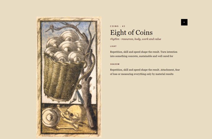 A tarot card labeled 'Eight of Coins' with themes of 'rhythm · resources, body, work and value', depicting a basket of coins and a skeleton beside a tree.