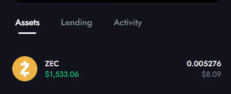 A digital wallet interface displaying an asset balance of 0.005276 ZEC, valued at $1,533.06 with a daily change of $8.09.