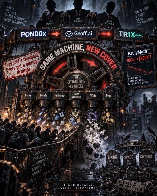 A dark, dystopian-style graphic criticizes prediction market platforms, showing a 'TOKEN EXTRACTION FLYWHEEL' with logos for PONDx, Geoff.ai, and TRIXMarket, alongside signs reading 'TOKEN GRAVEYARD' and 'SAME LIES, DIFFERENT TICKER'.