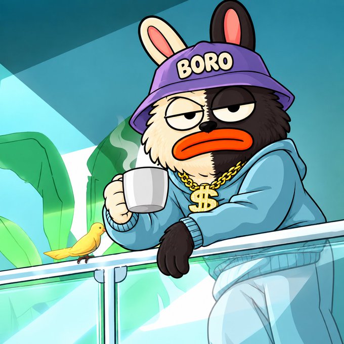 A cartoon mascot named "BORO" wearing a purple bucket hat, gold chain with a "$" pendant, and blue hoodie leans on a railing while sipping coffee next to a small yellow bird. The image promotes an airdrop giveaway of 200,000 $BORO tokens to the first 500 wallets that share their $SOL address, using the cool, relaxed mascot as branding to attract crypto participants.