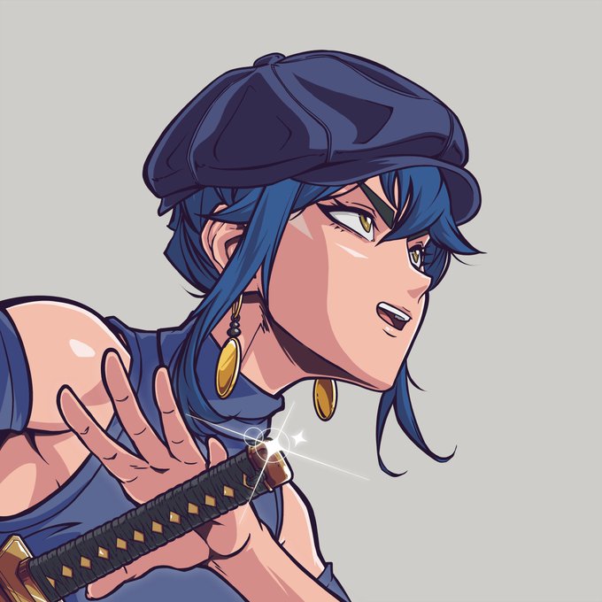 Anime-style illustration of a blue-haired character wearing a blue cap and gold earrings, holding a sword hilt that emits a bright sparkle.