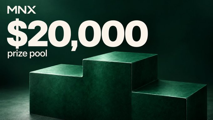A promotional graphic with white text on a dark green background announcing 'MNX $20,000 prize pool' above a green 3D podium.