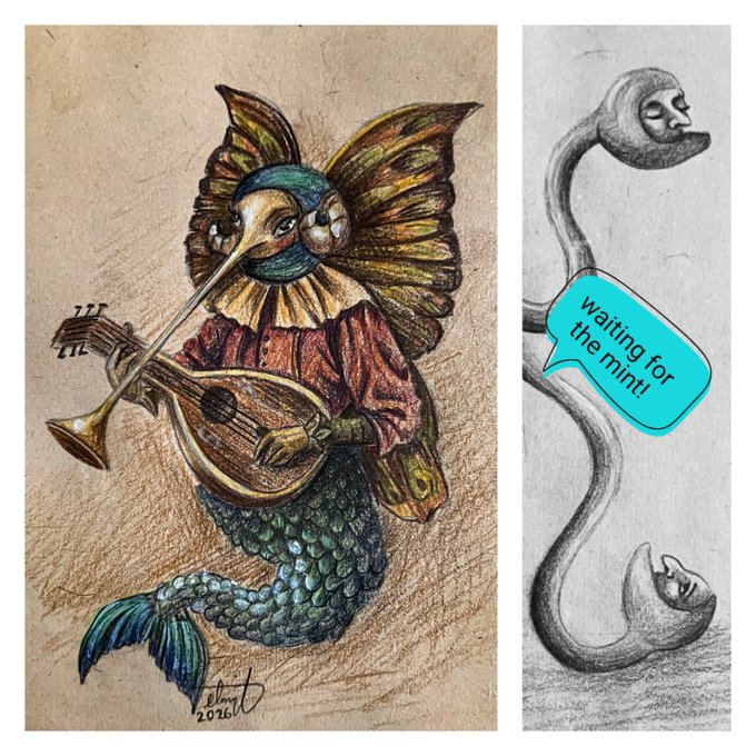 A side-by-side comparison of two artistic drawings: a colorful mermaid creature playing a lute and trumpet on the left, and a pencil sketch of a similar serpentine figure with a 'Waiting for the mint!' speech bubble on the right.