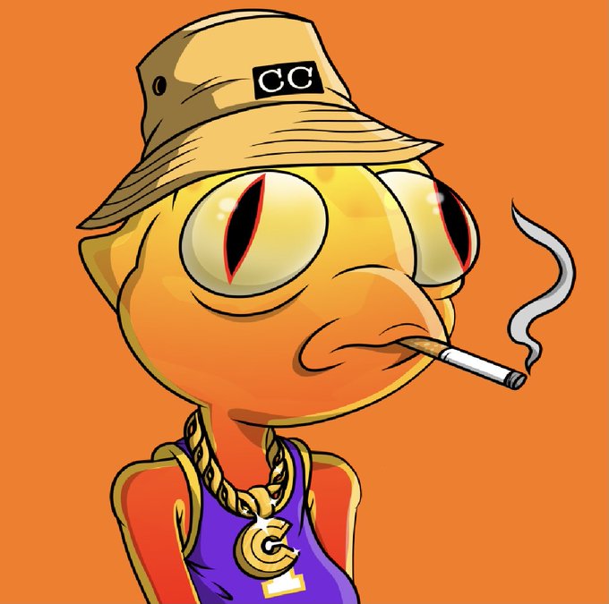 A digital illustration of an orange fish-like character wearing a tan bucket hat marked 'CC,' a purple jersey, and gold chains, while smoking a cigarette.