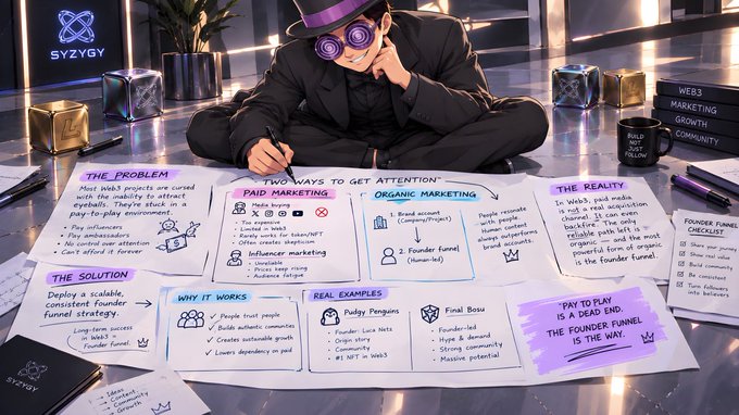 A detailed 'Founder Funnel Strategy' infographic by Syzygy, depicting a person in a purple hat and hypnotic glasses writing notes around sections titled 'The Problem,' 'Two Ways to Get Attention' (Paid vs. Organic Marketing), 'The Solution,' and 'The Reality.'