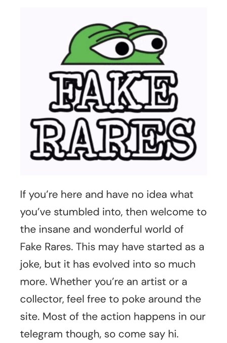 The 'FAKE RARES' logo featuring a Pepe-style frog, with welcome text for artists and collectors.