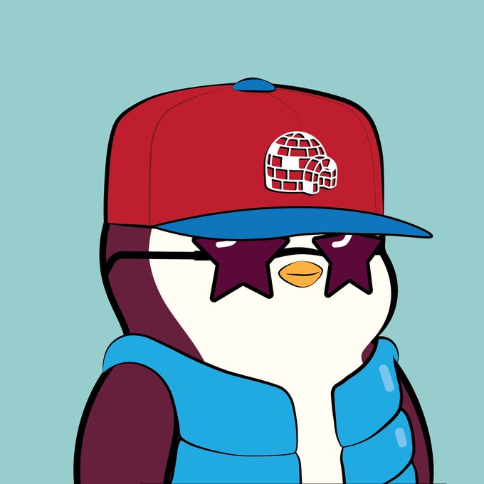 A cartoon penguin character wearing a red and blue baseball cap, star-shaped purple sunglasses, and a blue puffer vest against a teal background.