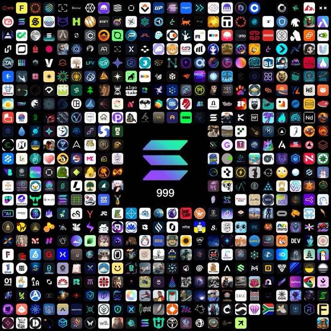 A grid of numerous small app and project icons surrounds the Solana logo at the center, beneath which the number "999" is displayed—visually representing Solana's current epoch count and celebrating the validators powering the 999 cycles of consensus behind the ecosystem's many applications.